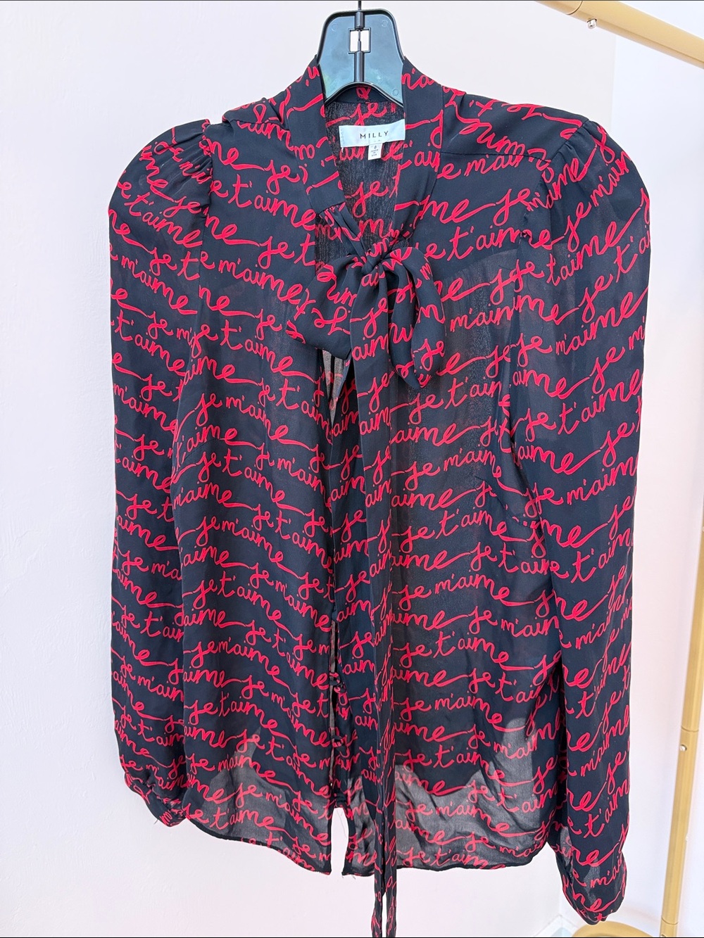 Milly Black Blouse with Red Script Tie-Neck